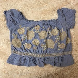 American Eagle Pastel Blue with Cream Florals Off-the-Shoulder Top